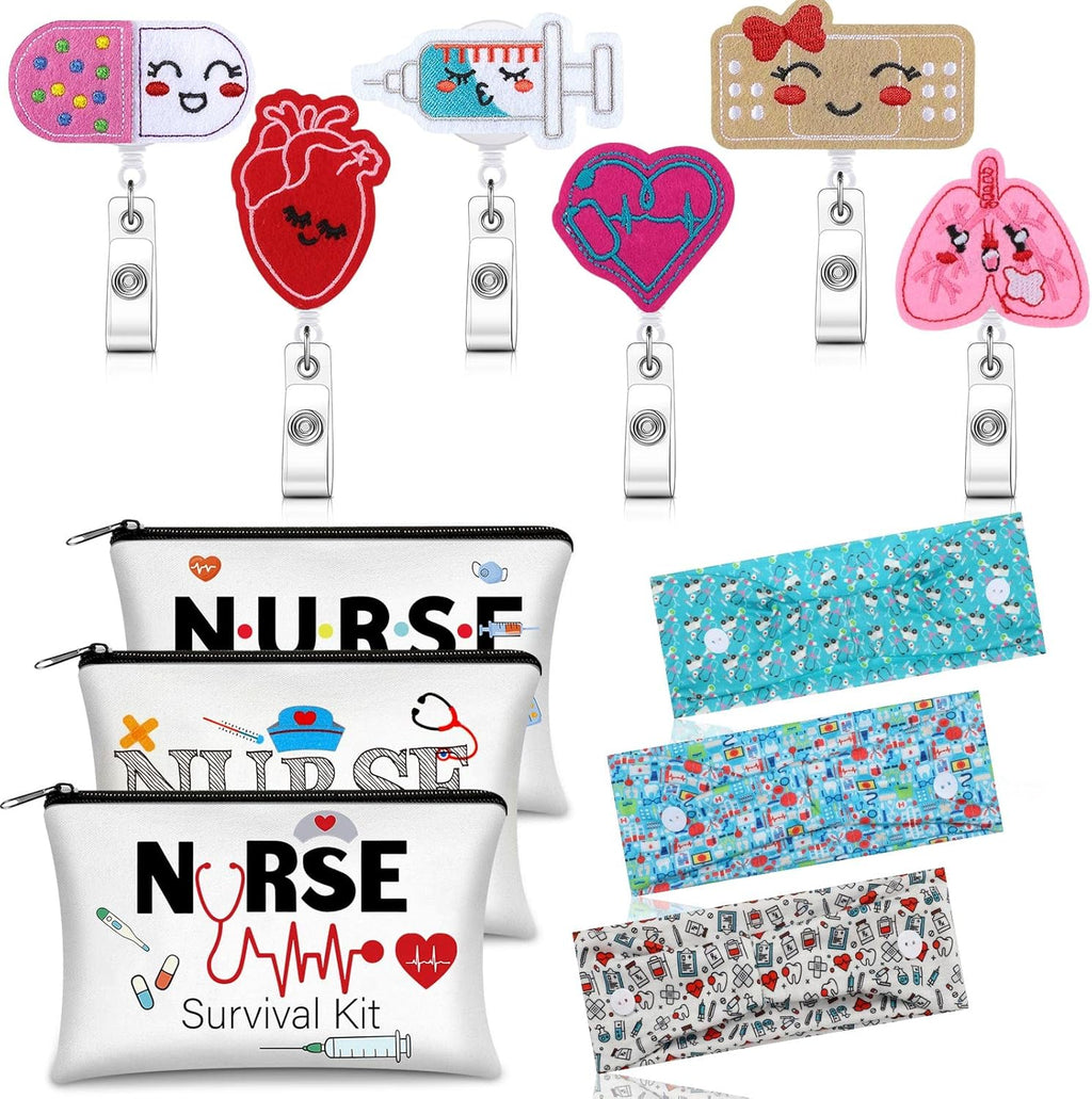 18-Piece Nurse Appreciation Gift Survival Kit – Appreciation Gifts for Women, Makeup Bags, Badge Reels & Headbands