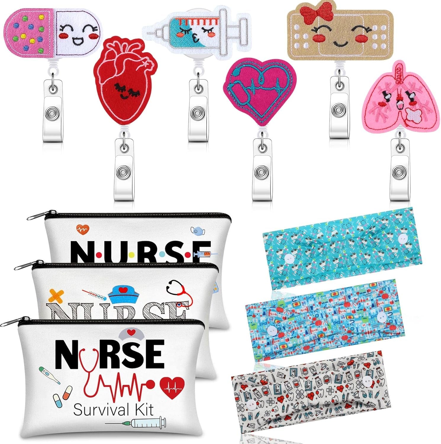 18-Piece Nurse Appreciation Gift Survival Kit – Appreciation Gifts for Women, Makeup Bags, Badge Reels & Headbands