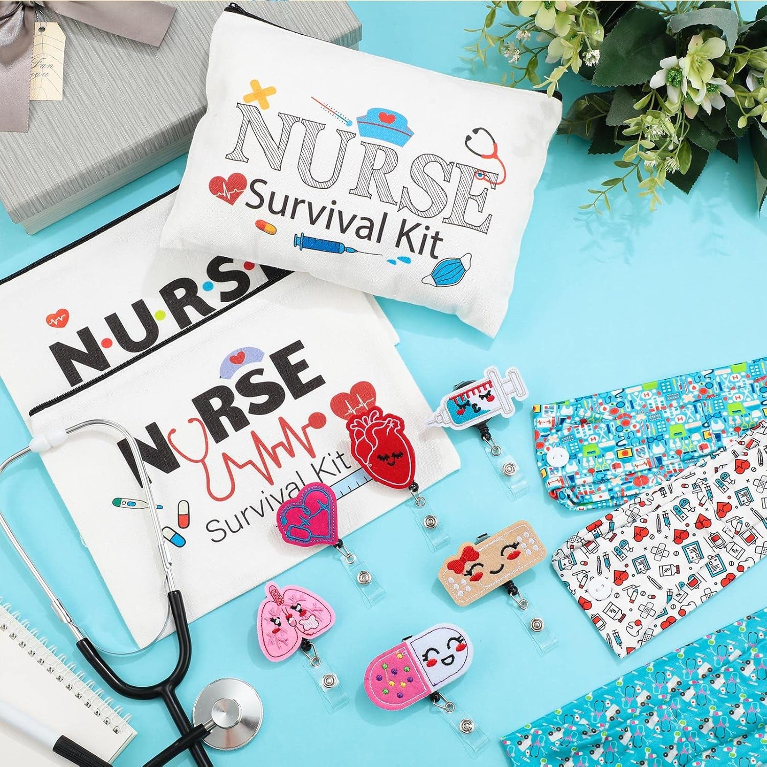 18-Piece Nurse Appreciation Gift Survival Kit – Appreciation Gifts for Women, Makeup Bags, Badge Reels & Headbands