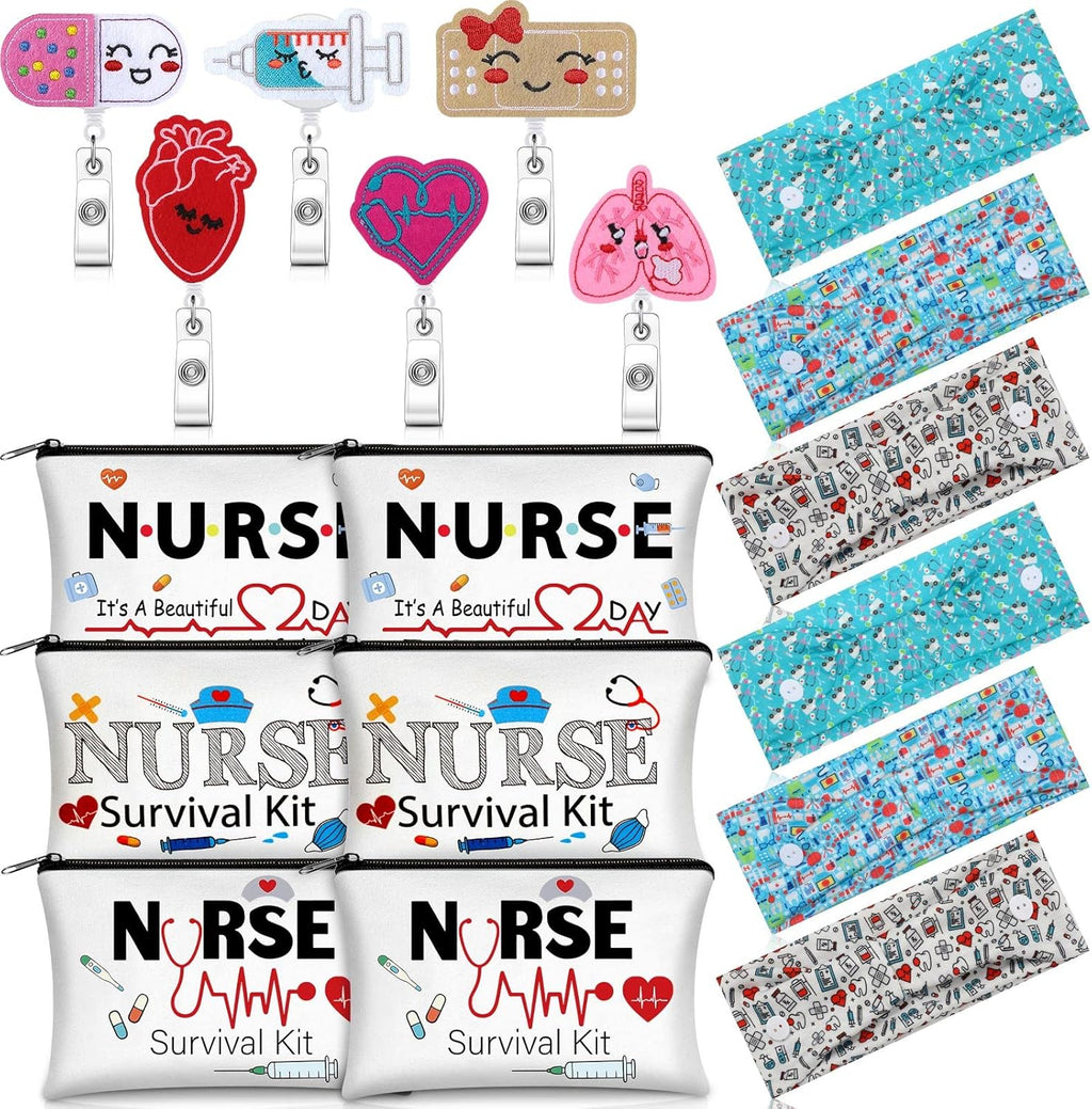 18-Piece Nurse Appreciation Gift Survival Kit – Appreciation Gifts for Women, Makeup Bags, Badge Reels & Headbands